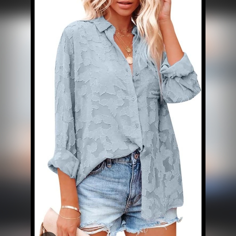 Whimsy Fairy En Creme Sheer Frayed Chiffon Long Sleeve Blouse Baby Blue‎ Sz L